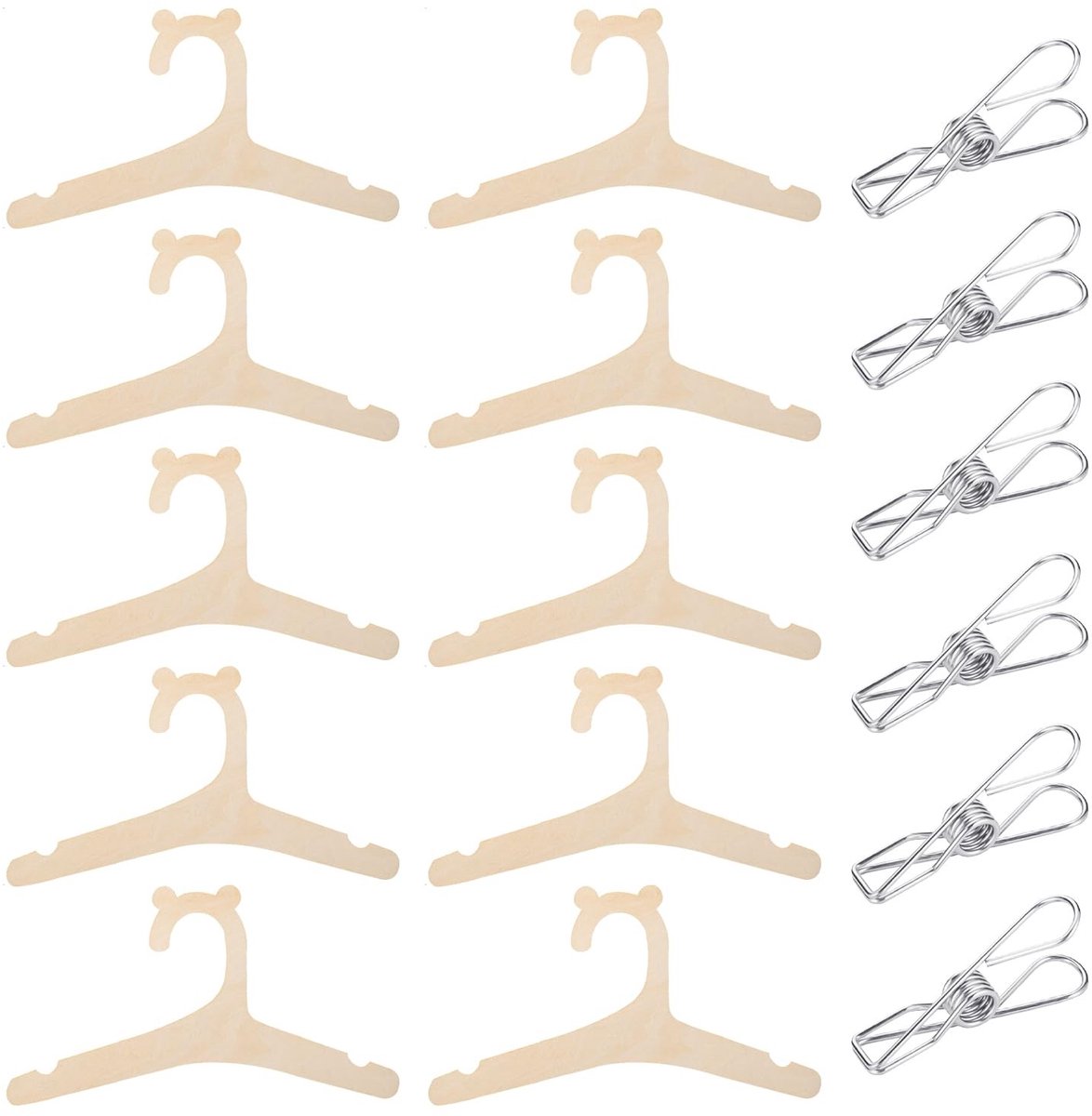 Dailygoods- Kinderkleerhangers 10 stuks - Houten - Droogklemmen 6 stuks - Roestvrij staal - Creatieve woonaccessoires - Veilig en duurzaam - Baby Kleerhangers
