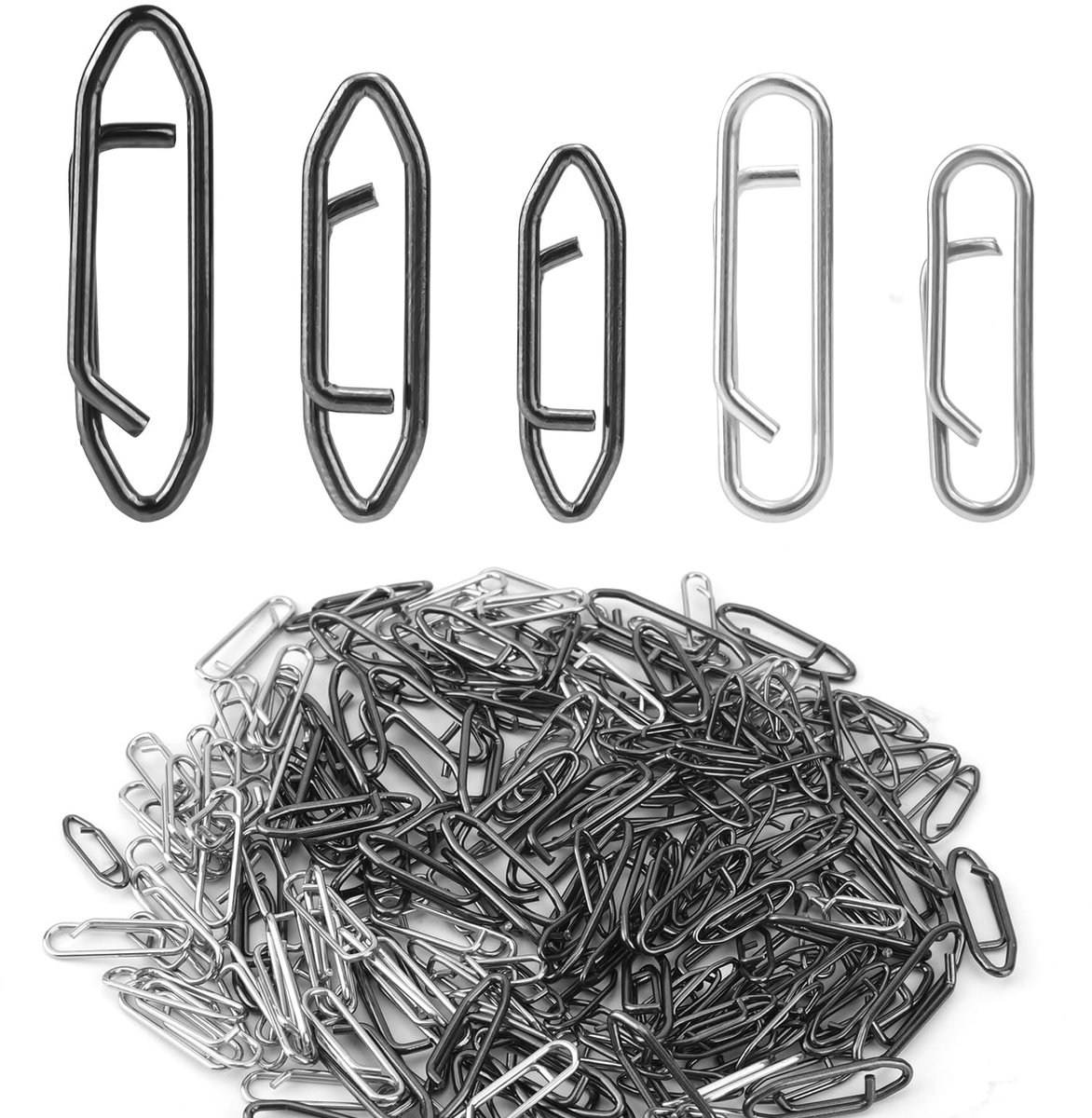 Dailygoods- Vissnelheidsclips 200 Stuks - Roestvrij Stalen Snelle Snaps - 5 Stijlen - Connector Tackle Clip - Voor Zoetwater/Zoutwater - Lengte 1,8/2,3/2,5/3 cm - Visclips