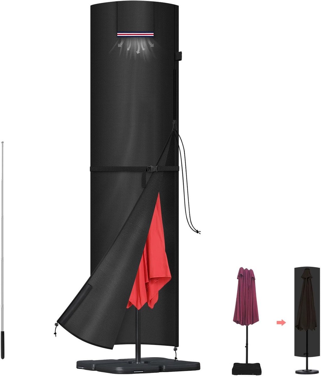 Dailygoods- Parasolhoes Waterdicht - Parasolhoes met Rits en Stok - Beschermhoes voor Tuinparasol - 420D Oxford Stof - Ø 3-4m - Scheurbestendig - Parasolbescherming