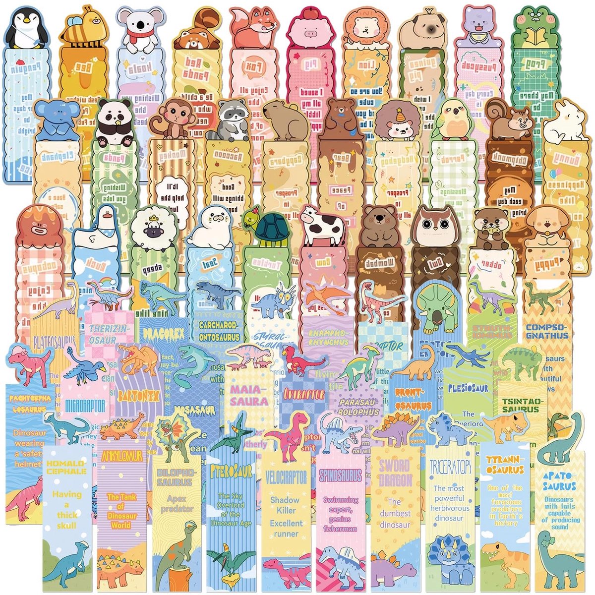 Dailygoods- Bladwijzers magnetisch 60 stuks - Dierenmotief/dino's - Stevige kartonnen boekenleggers - Kleurrijk ontwerp - Leesmotivatie - Unieke vormgeving