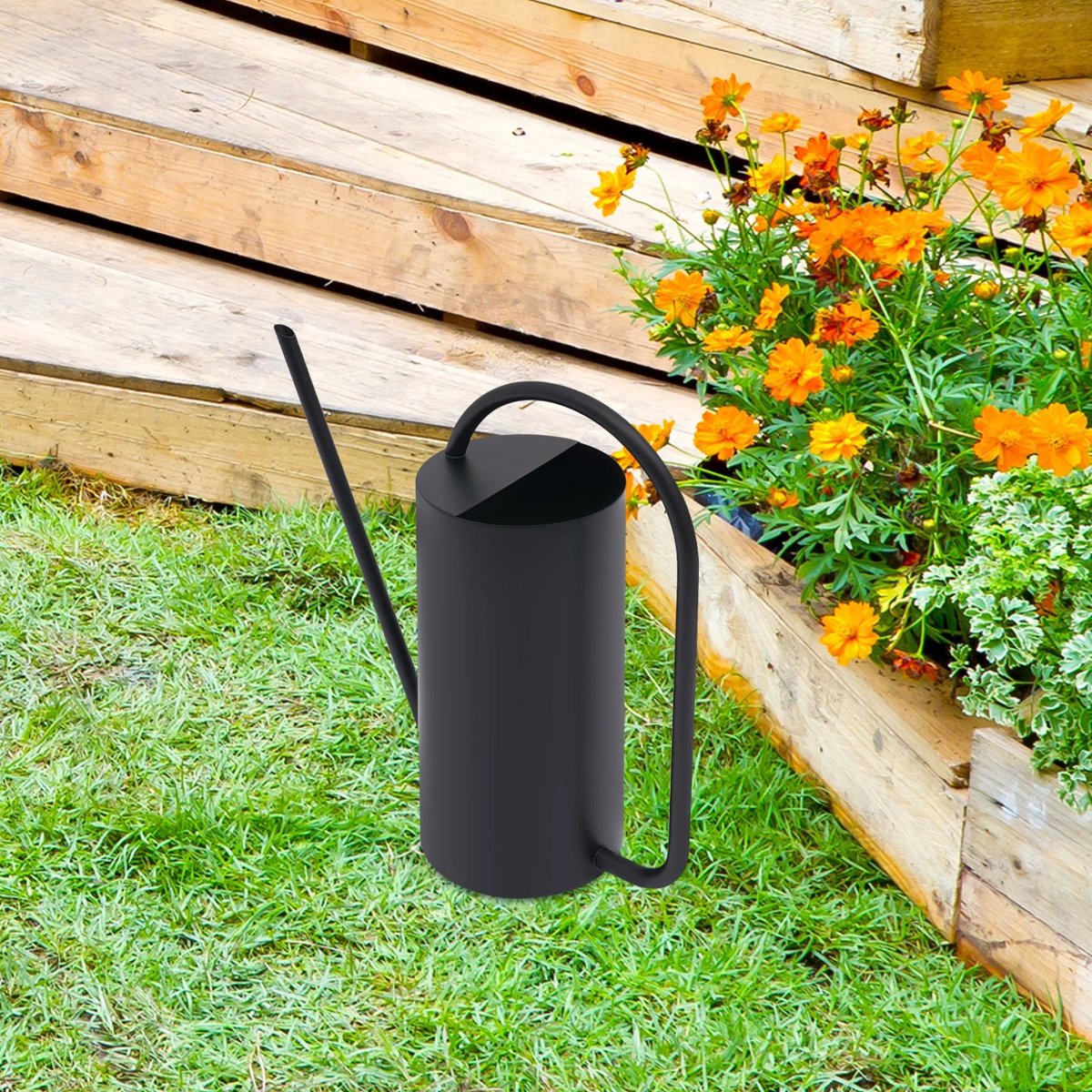 Dailygoods Stainless Steel Long Spout, Watering Can, Black Garden Flower Pot, Ergonomic Handle, Flat Base, Indoor Outdoo