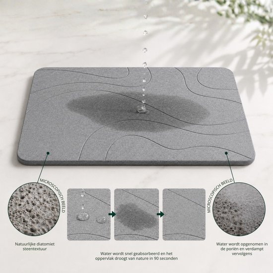 XL Diatoom Steen Badmat - Natuurlijk Sneldrogend - Hygiënisch - Anti Schimmel Anti Slip en Stijlvol 75x45cm – Droog in Seconden