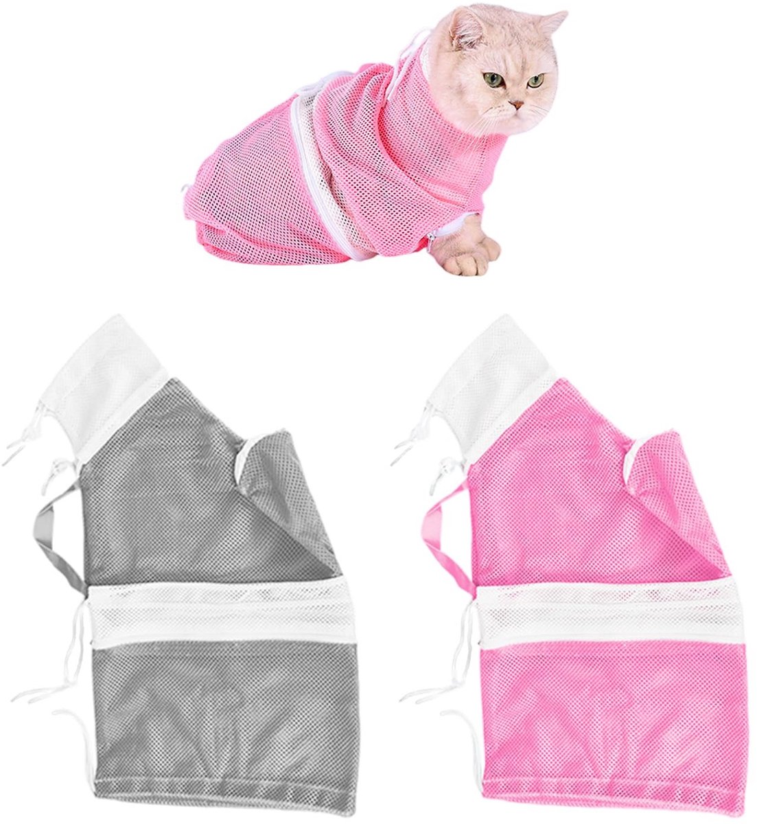 Dailygoods- Waszakken Set van 2 - Verstelbare Opvangzak - Kattentoiletaccessoires - Netstof - Luchtdoorlatend - Afmetingen 60 x 32 cm - Kattenwaszak