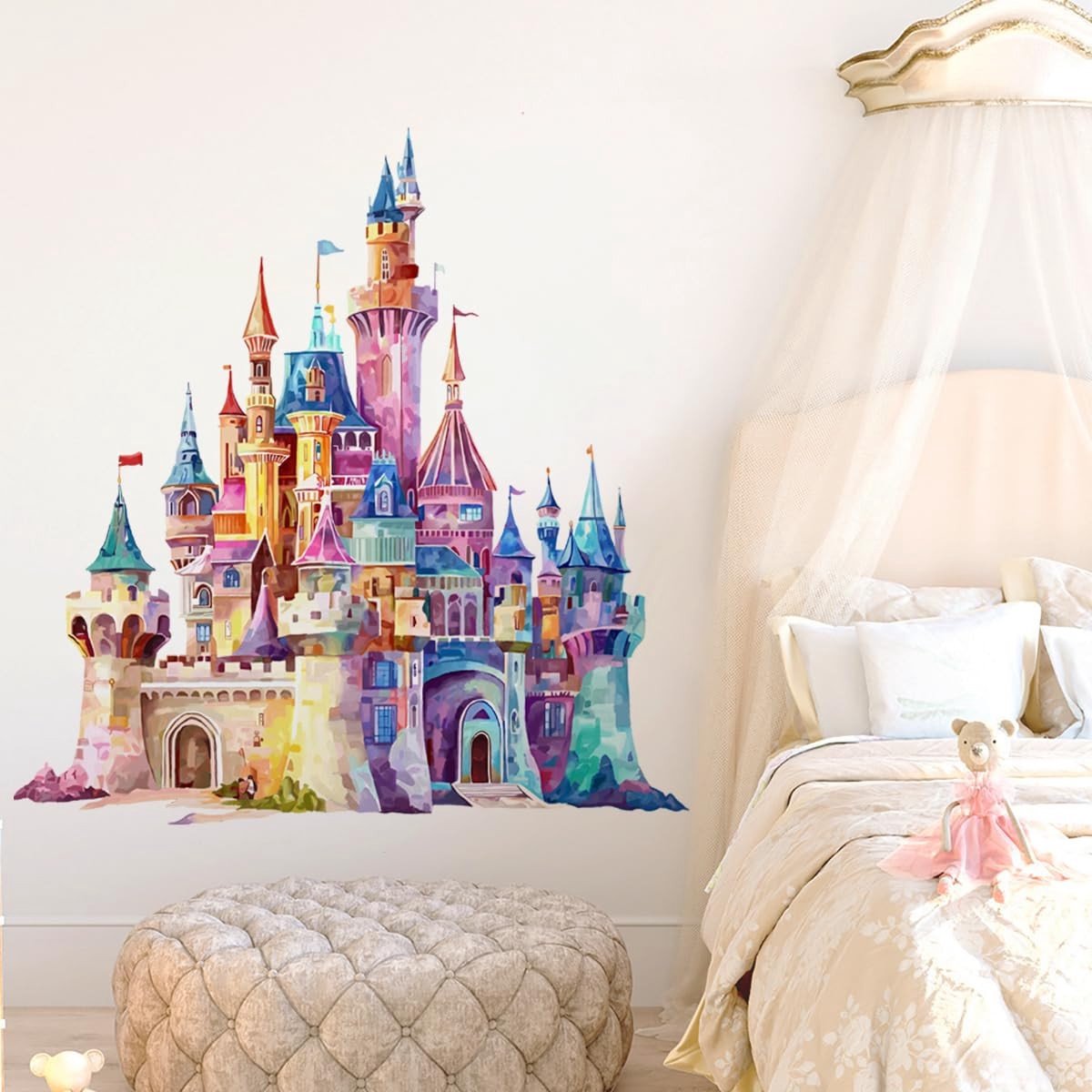 Dailygoods- Muursticker Prinses Kasteel - Muurstickers Slaapkamer - Muurdecoratie Meisjes - Peel and Stick - Aquarel Sprookje - Verwijderbaar Vinyl - Wanddecoratie