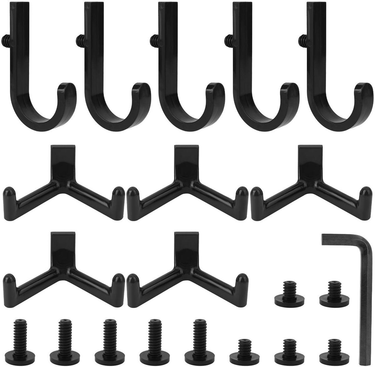 Dailygoods- Gereedschapshaken 21 Stuks - J/V-vormige Haken - Wandbevestigingsonderdelen - Kunststof - Zwart - Inclusief Schroeven - Opberghaken