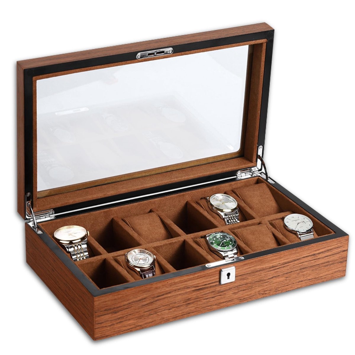 Dailygoods- Horlogebox met 12 vakken - Houten horlogedoos - Glazen deksel - Premium displayopbergdoos - Uitneembare horlogehouders - Schitterende afwerking
