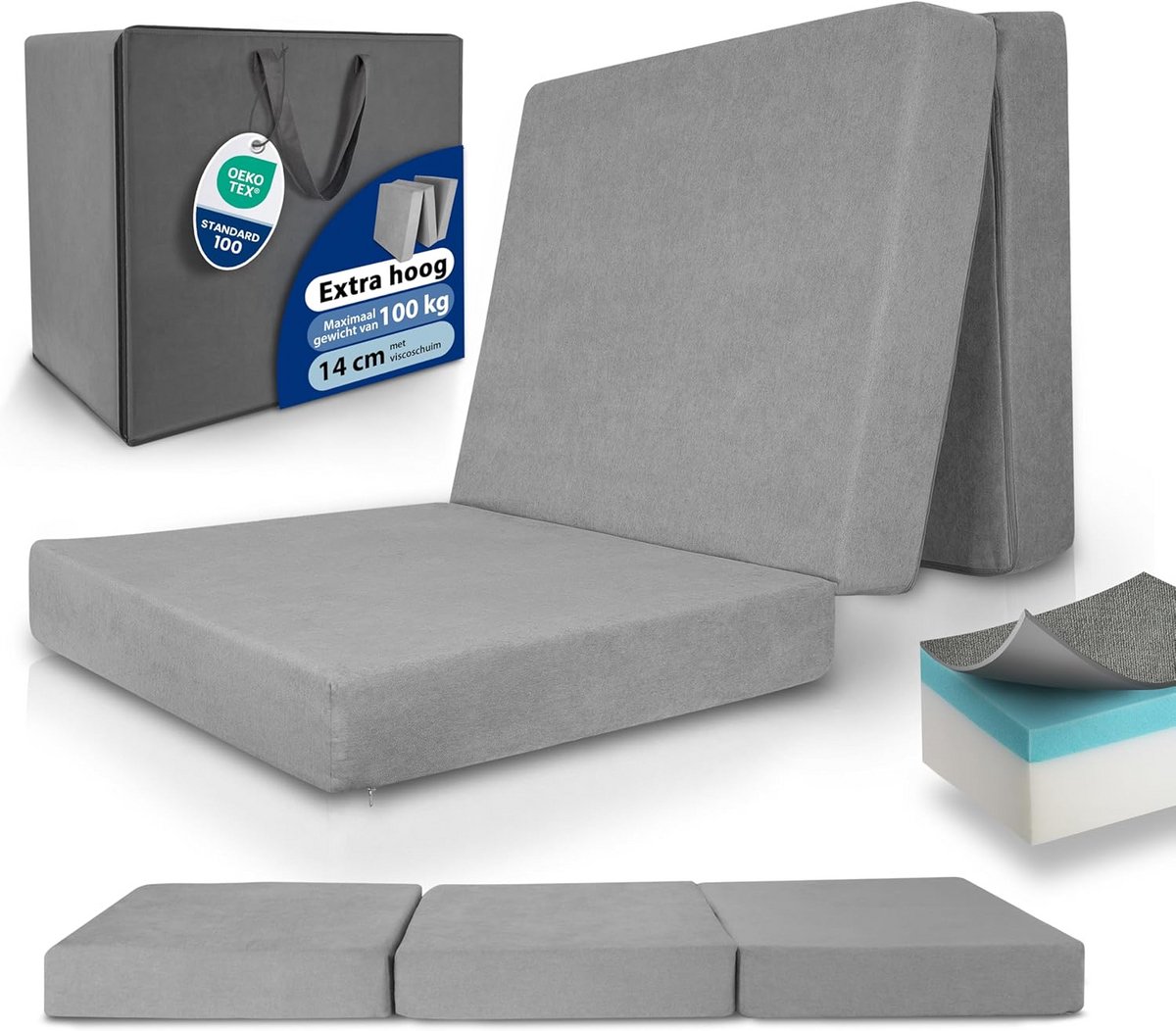Vouwmatras - Logeermatras extra dik - Comfortabel slapen - Wasbare hoes - 80x200x14 cm - Grijs