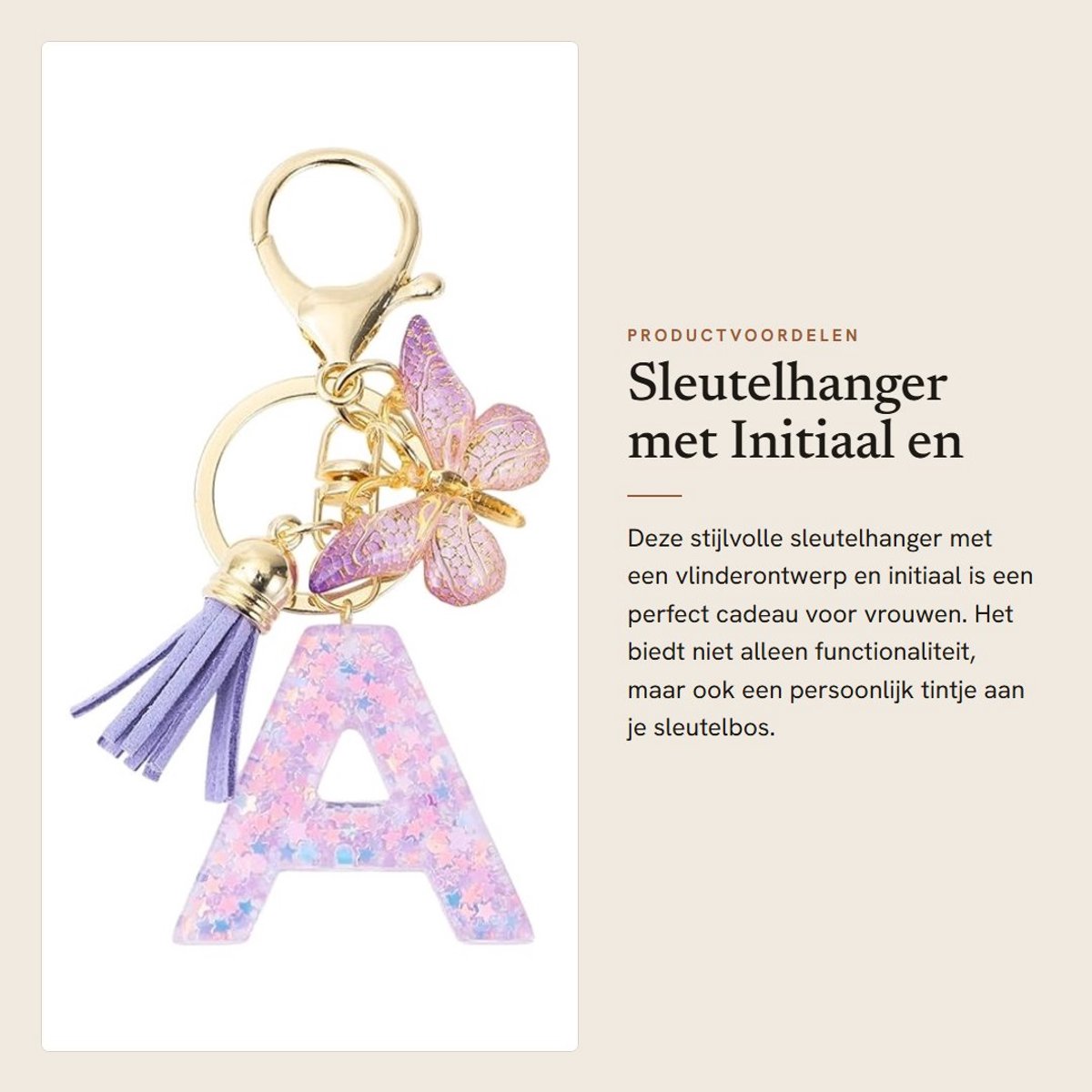 Dailygoods- Sleutelhanger met letter A - Vlinder/Sleutelhanger - Hars/Legering - 9,3 cm - Cadeau voor Vrouwen - Duurzaam en Robuust