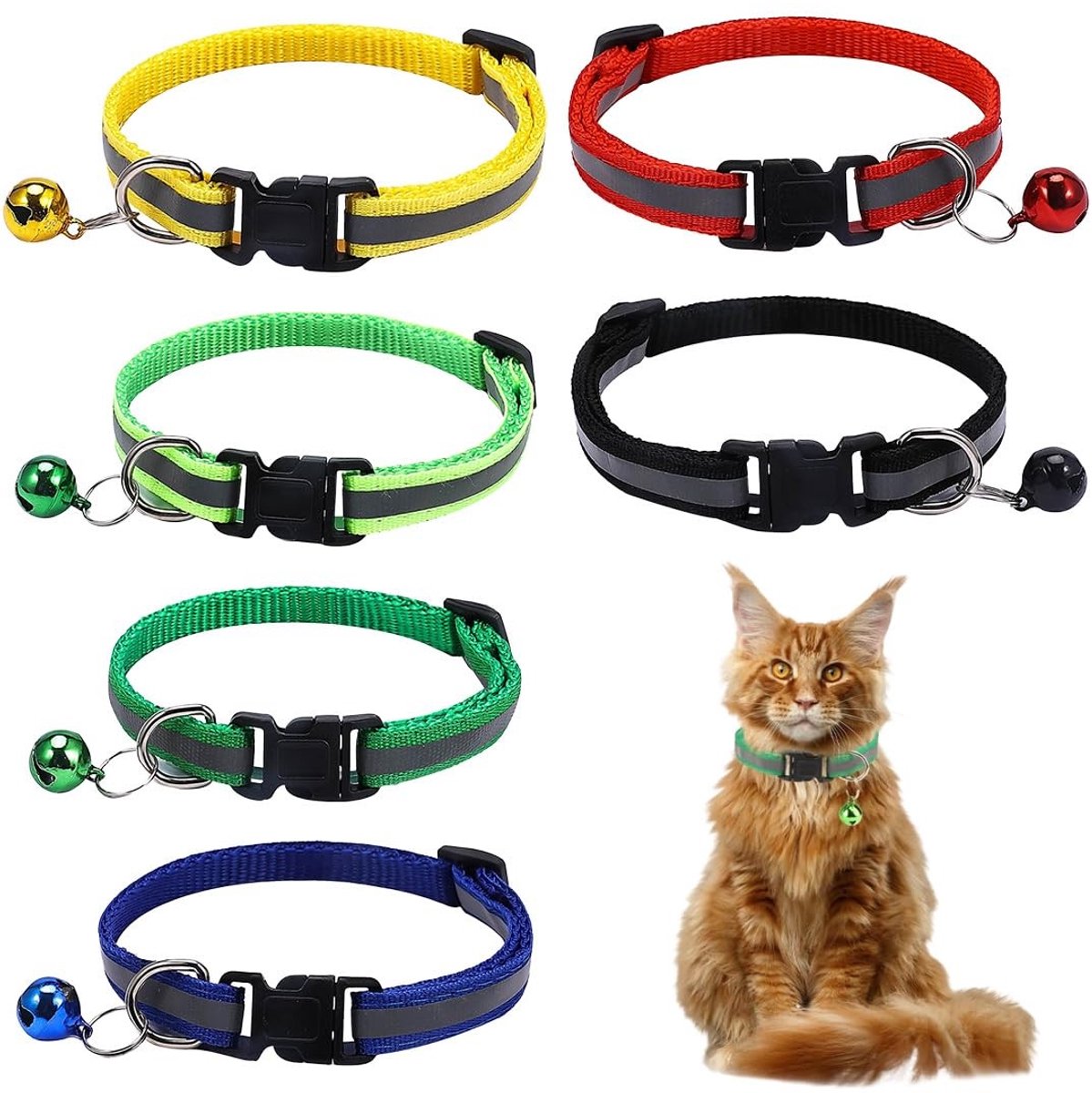 Dailygoods- Kattenhalsband Verstelbaar - Reflecterende Kattenhalsband - Kattenhalsband met Belletjes - Veiligheidsluiting - Gepersonaliseerde Kattenhalsband - Set van 6 Stuks - Kattenband