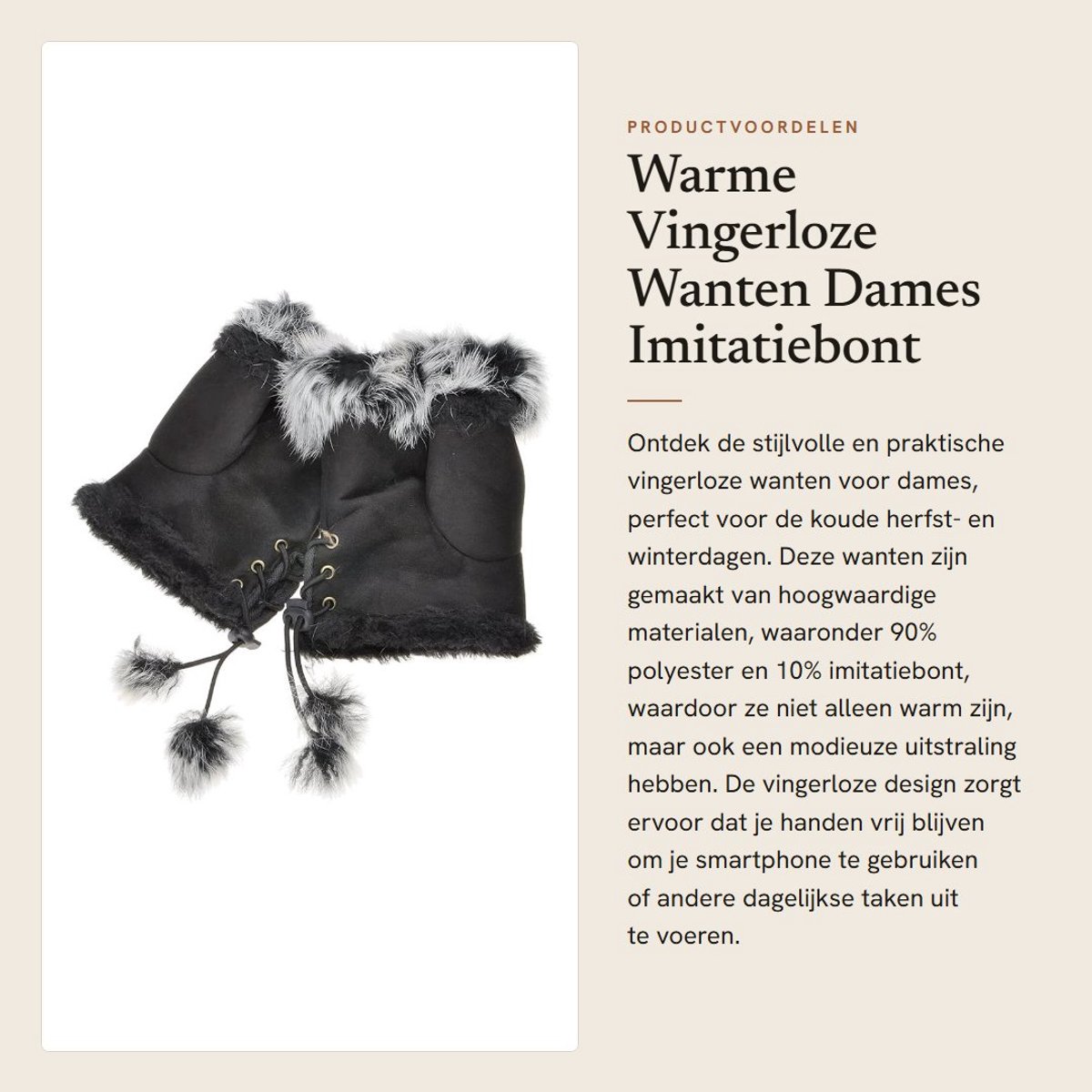 Dailygoods- Vingerloze Wanten - Warme Handschoenen - Imitatiebont - Dames - Herfst/Winter - Verstelbaar Koord