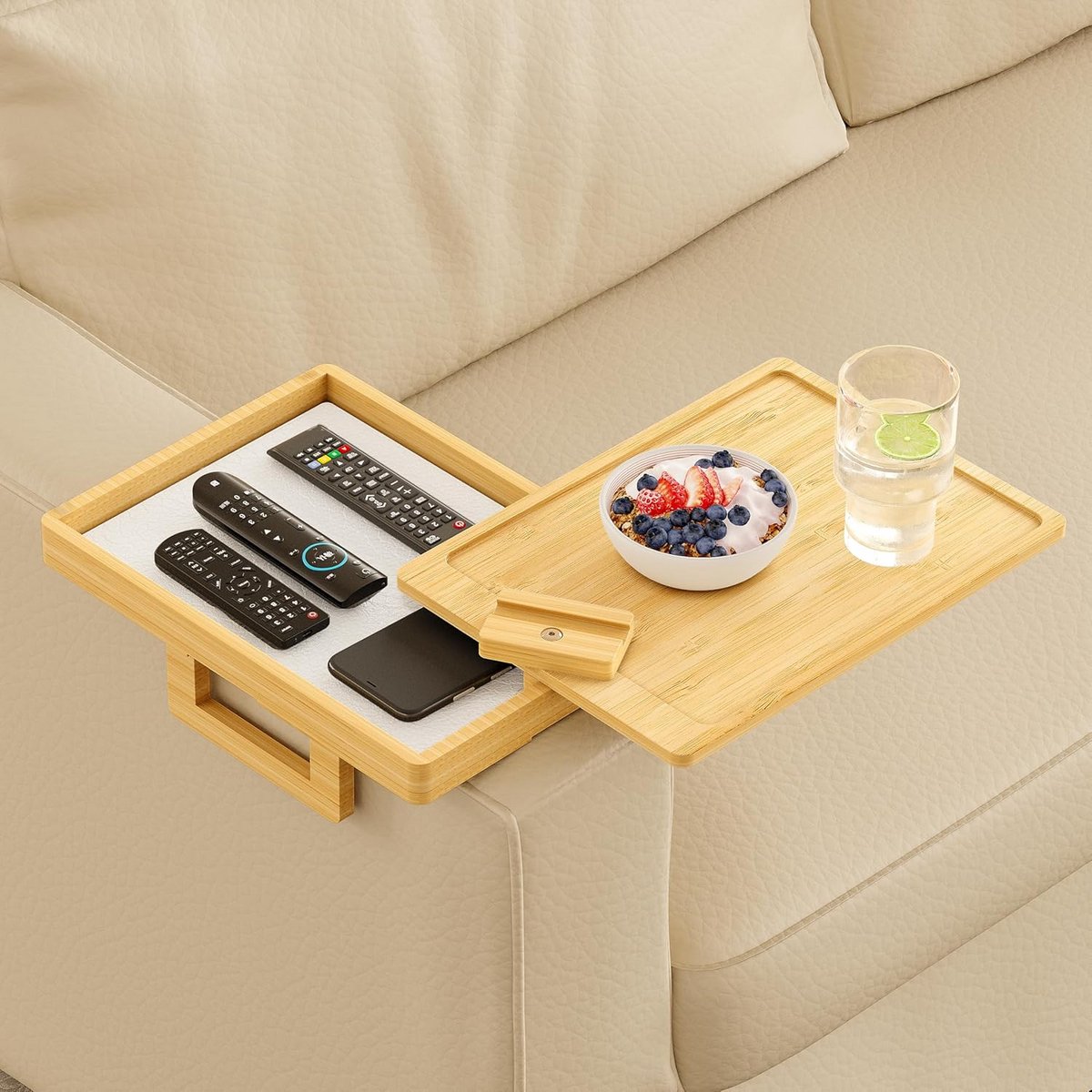 Bamboe bijzettafel - Armleuning lade - Bank opbergen - 360 graden draaibaar - 33 x 23.5 cm - Bruin