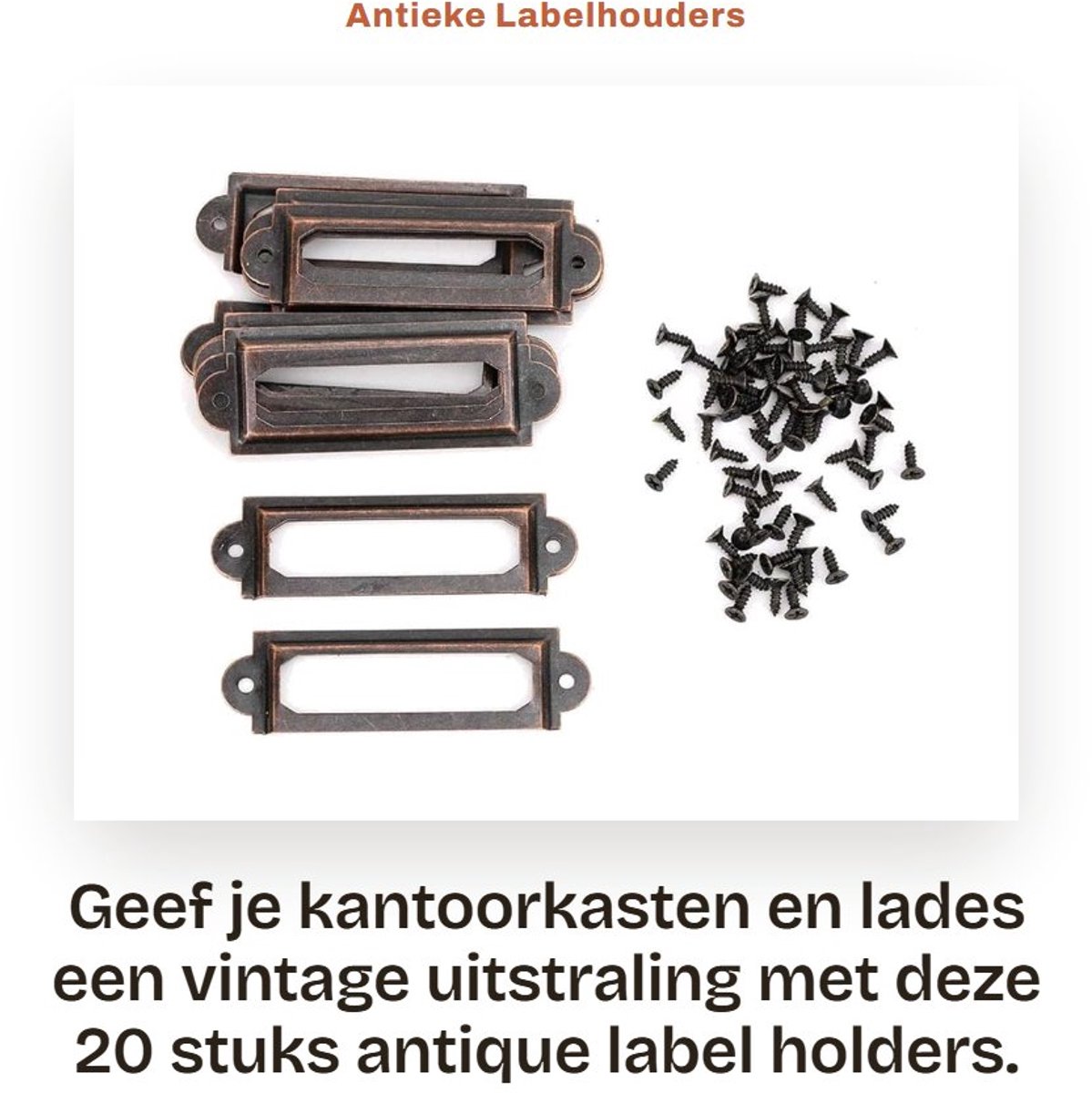 Dailygoods- Labelhouders Antiek - 20 Stuks - Metaal - Zelfklevend - Voor Houten Dozen - 52 mm x 18 mm - Inclusief Schroeven - Etikethouders