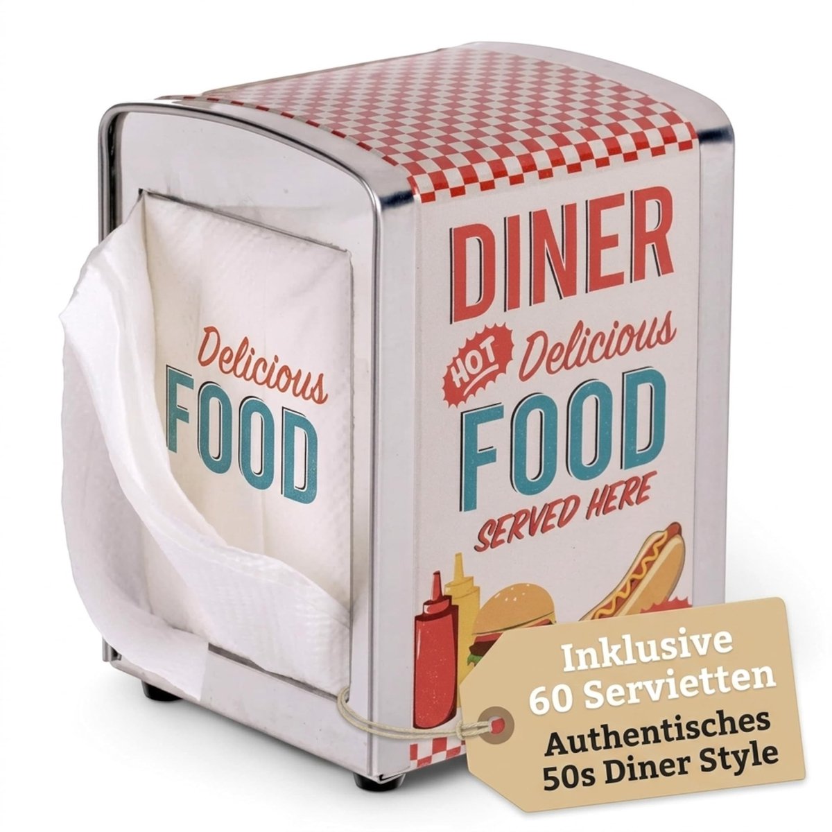 Dailygoods- Servethouder Retro Design - Servettenhouder - Servet Dispenser - Metalen Houder - 14,5 x 10,5 x 9,5 cm - Authentiek Amerikaans Dinergevoel - Servetdispenser