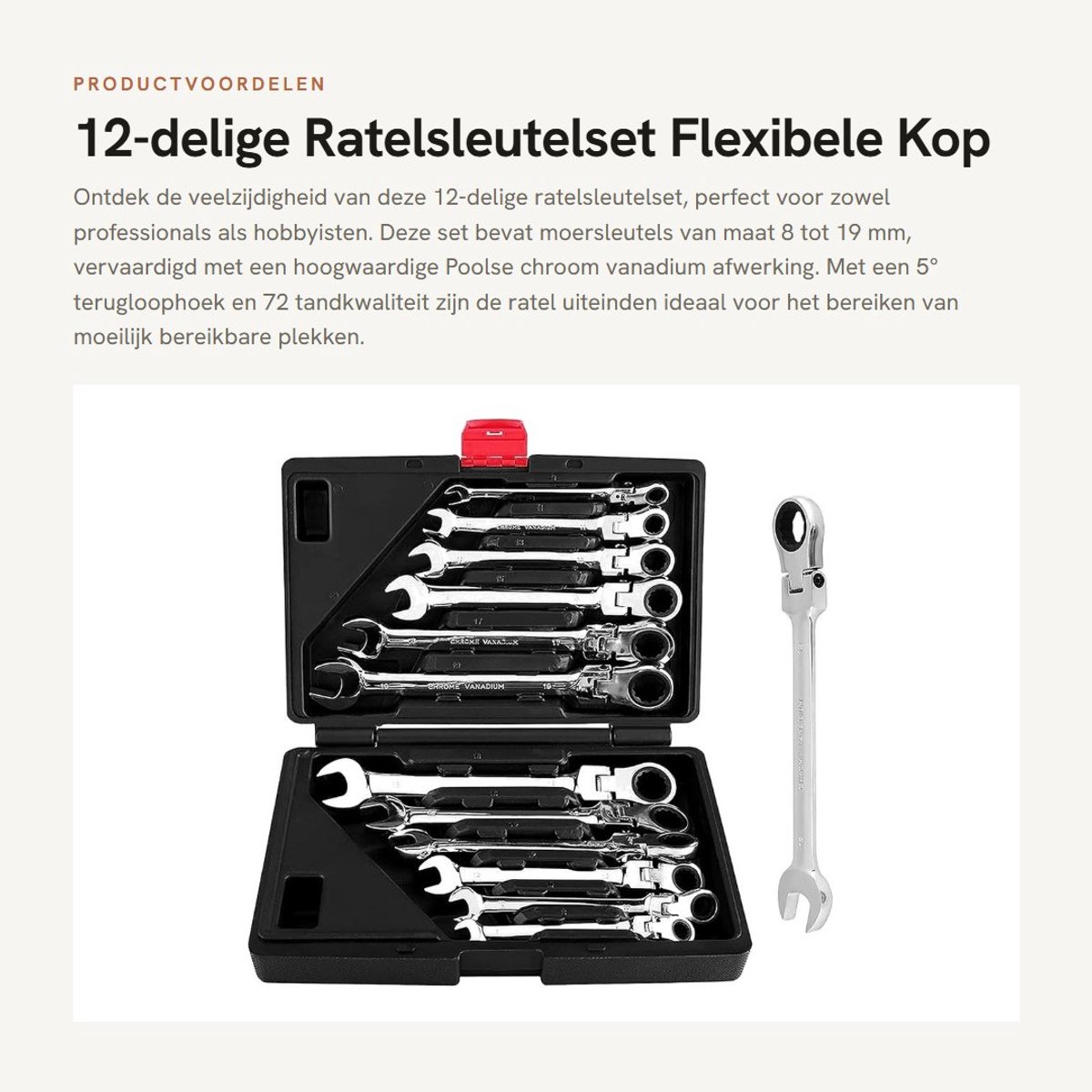 Dailygoods- Ratelsleutel 12-delig - Flexibele Kop - Steeksleutel - Ringsteeksleutel - Gereedschapskoffer - 72 Tandkwaliteit - Moersleutel
