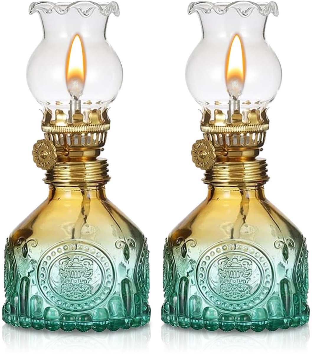 Dailygoods- Petroleumlamp - 2 stuks - instelbare helderheid - olielamp glas - stormlantaarn - vintage stijl - compact (8 x 8 x 17 cm)