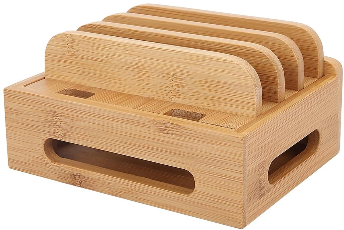 Bamboe Organizer - Laadstation Houder - Bureau Opruimen - 4 Slots - 20 x 16 x 9 cm - Houtkleur