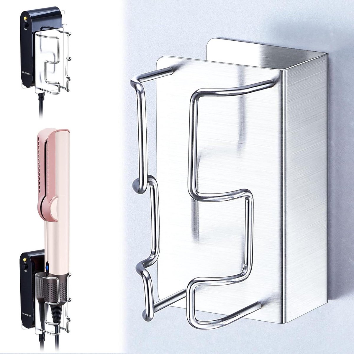Stijltang Houder - Wandrek Haareisen - Badkamer Organisatie - Zelfklevend Bevestigen - 12.8 x 9.7 cm - Zilver