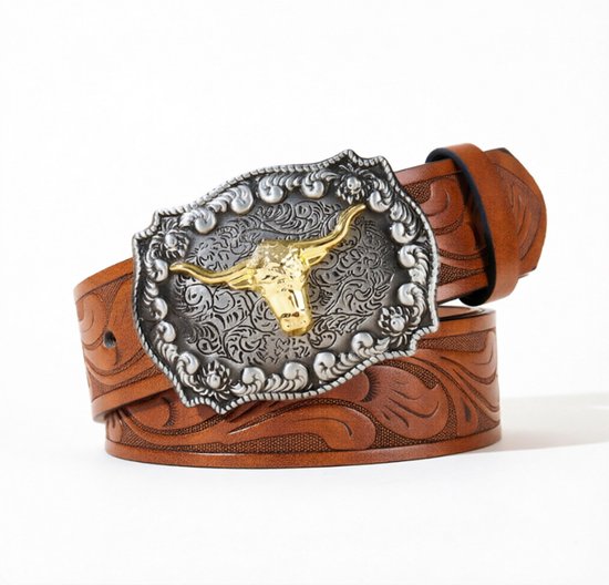Heren-cowboyriem – Leren riem in westernstijl met cowboygesp voor heren, dames, bij jeans en voor evenementen met een western-thema.