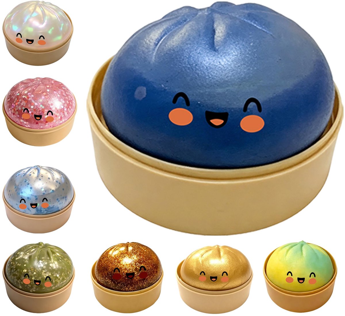 Dumpling squishy stressballen - Glitter Dumpling stress fidget - Sensorische stressbal knijpspeelgoed - Stressverlichtende cadeaus voor kinderen en volwassenen - Blauw