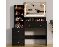 Hiaonyx Kaptafel met LED-verlichting, met spiegel, laden, open vakken, dimbare planken, modern design, geschikt voor slaapkamer,Zwart(make-up spiegel, LED-verlichting, touch dimmer)
