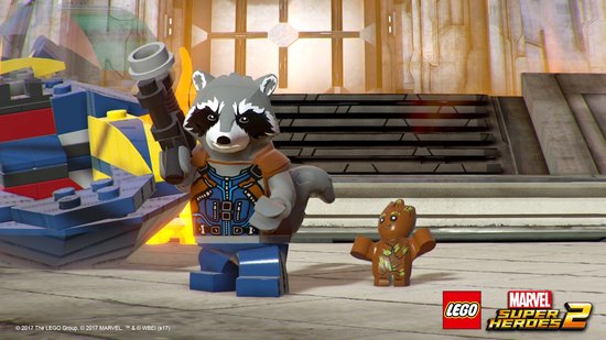 LEGO Rocket Raccoon met wapen en LEGO Groot in een futuristische omgeving.