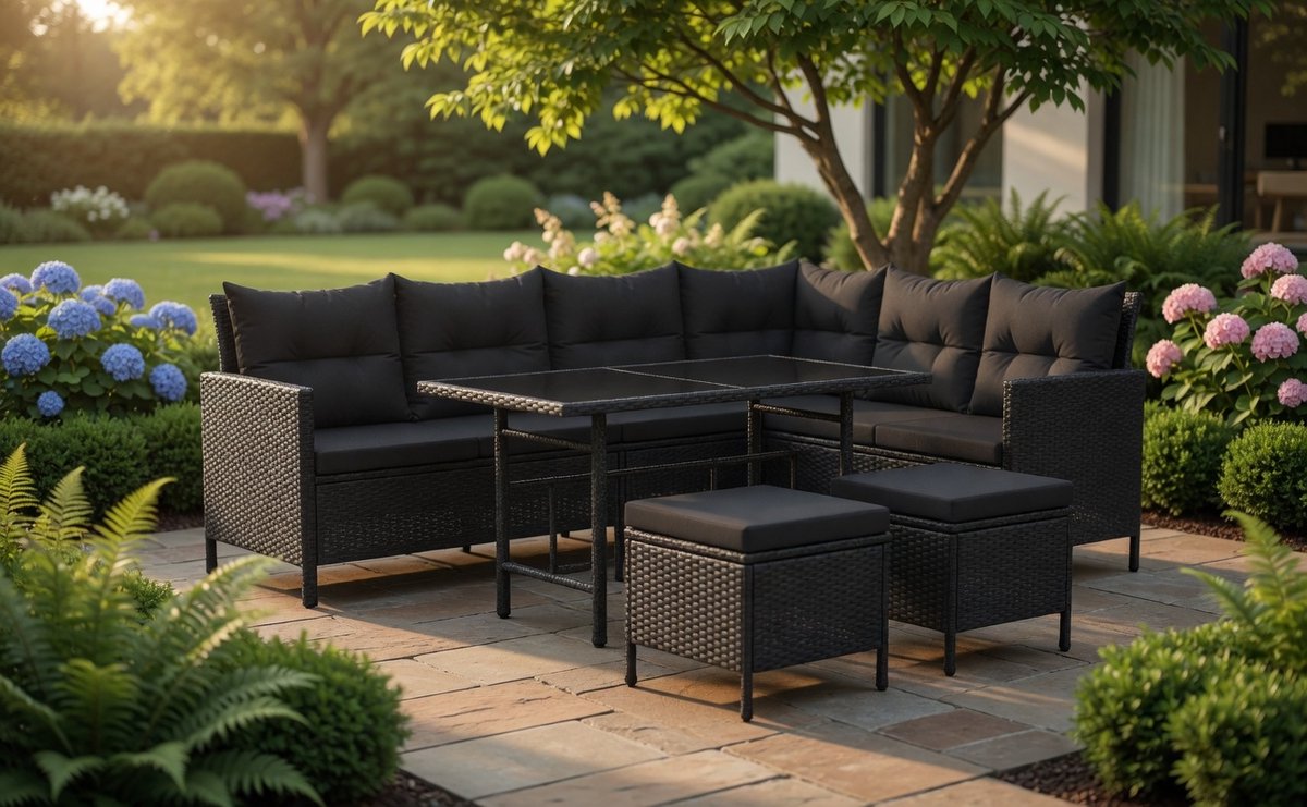 Manacor Luxe Polyrattan Loungeset voor 7 Personen met Hoekbank, Dining Tafel, Hockers & Wasbare Kussens – Weerbestendige Wicker Tuinset voor Tuin, Terras & Balkon – Zwart/Grijs - IndustroHome