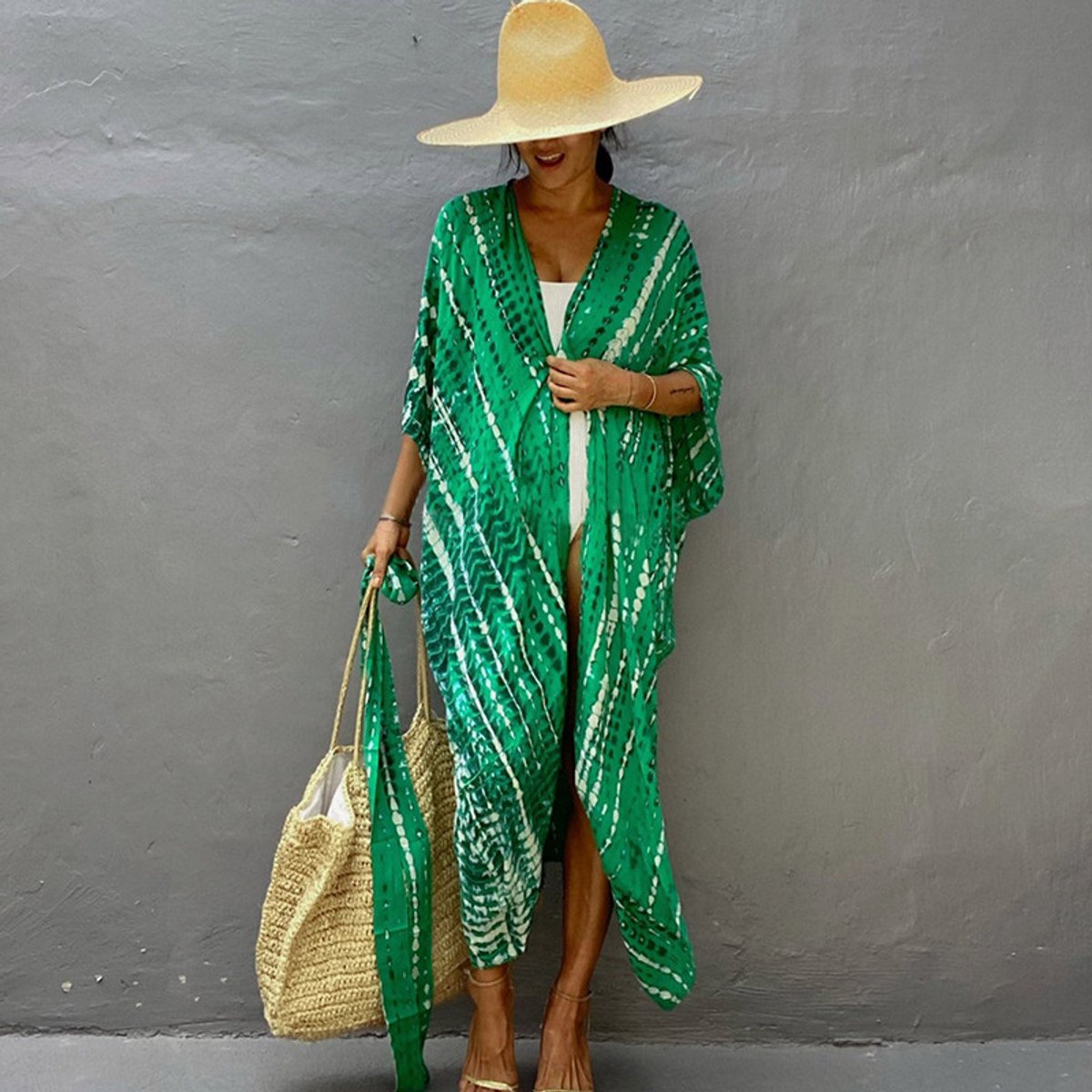 Killogood Tie-dye vest Strandjurkje - Bikini cover up - Zonwerende kleding - vakantiejurk - Openvallend lang model - Voor strand - vakantie - One Size - Groen