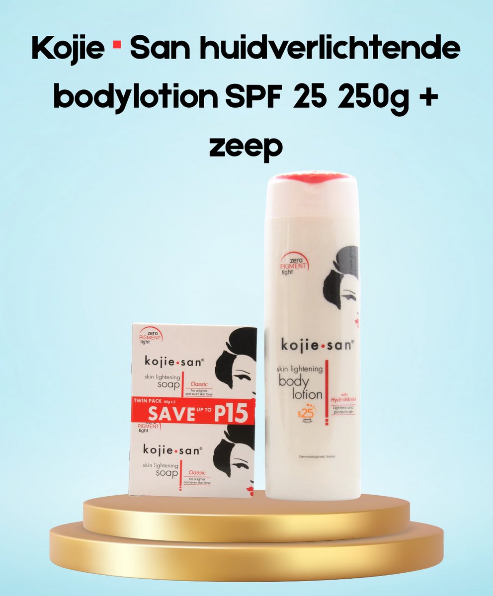 Kojie San Skin Lightening Body Lotion SPF 25 – 250 g + Zeep – Verhelderende & Hydraterende Body Care Set – Beschermt tegen UV, Verminderde Donkere Vlekken & Egaliseert de Huidtint – Voor een Gladde, Stralende & Gezonde Huid