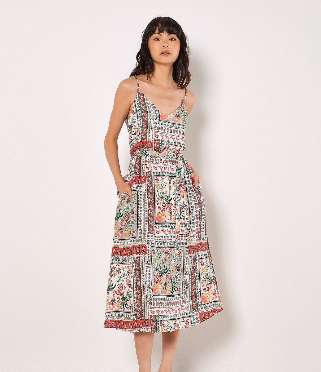 Midi-jurk met tropische print en spaghettibandjes