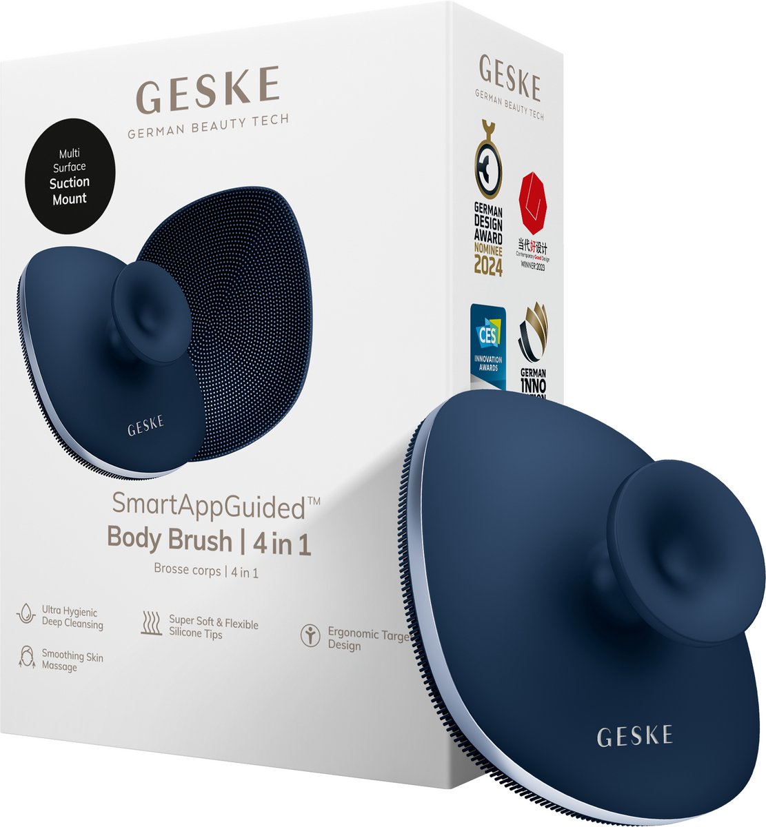 GESKE Body Brush | 4 in 1 | Ontwerp met metalen ring | Reinigingsborstel voor het hele lichaam | Dieptereiniging | Zachte siliconen borstelharen | Ergonomisch ontwerp met twee vingers