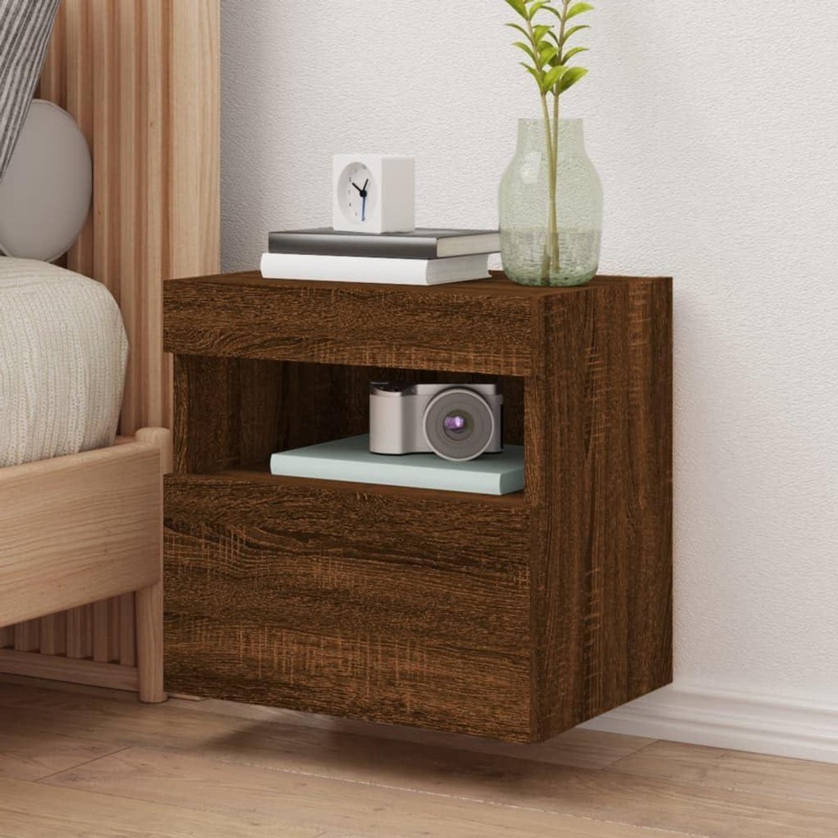 Tv-wandkast - Wandmeubel Media - Woonkamer Inrichten - Met Ledverlichting - 40x30x40 cm - Bruin Eiken
