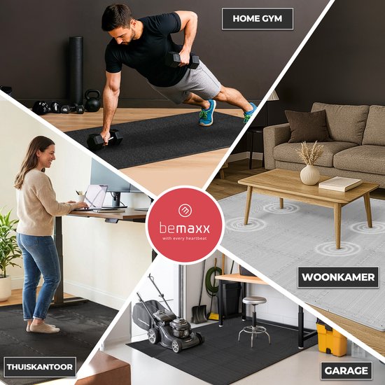 Een collage met verschillende toepassingen van de bemaxx vloermatten: thuis sporten, thuiswerken, garage en woonkamer. De matten zijn verkrijgbaar in verschillende kleuren.