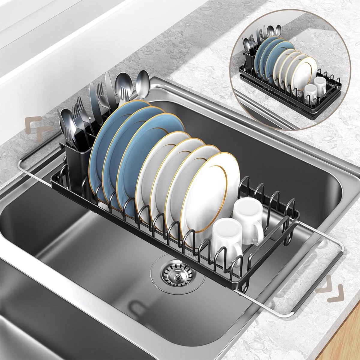 Afwasrek Compact - Draadrooster Keuken - Aanrecht Opruimen - Uitschuifbaar Boven Spoelbak - 14-20 inch - Zwart