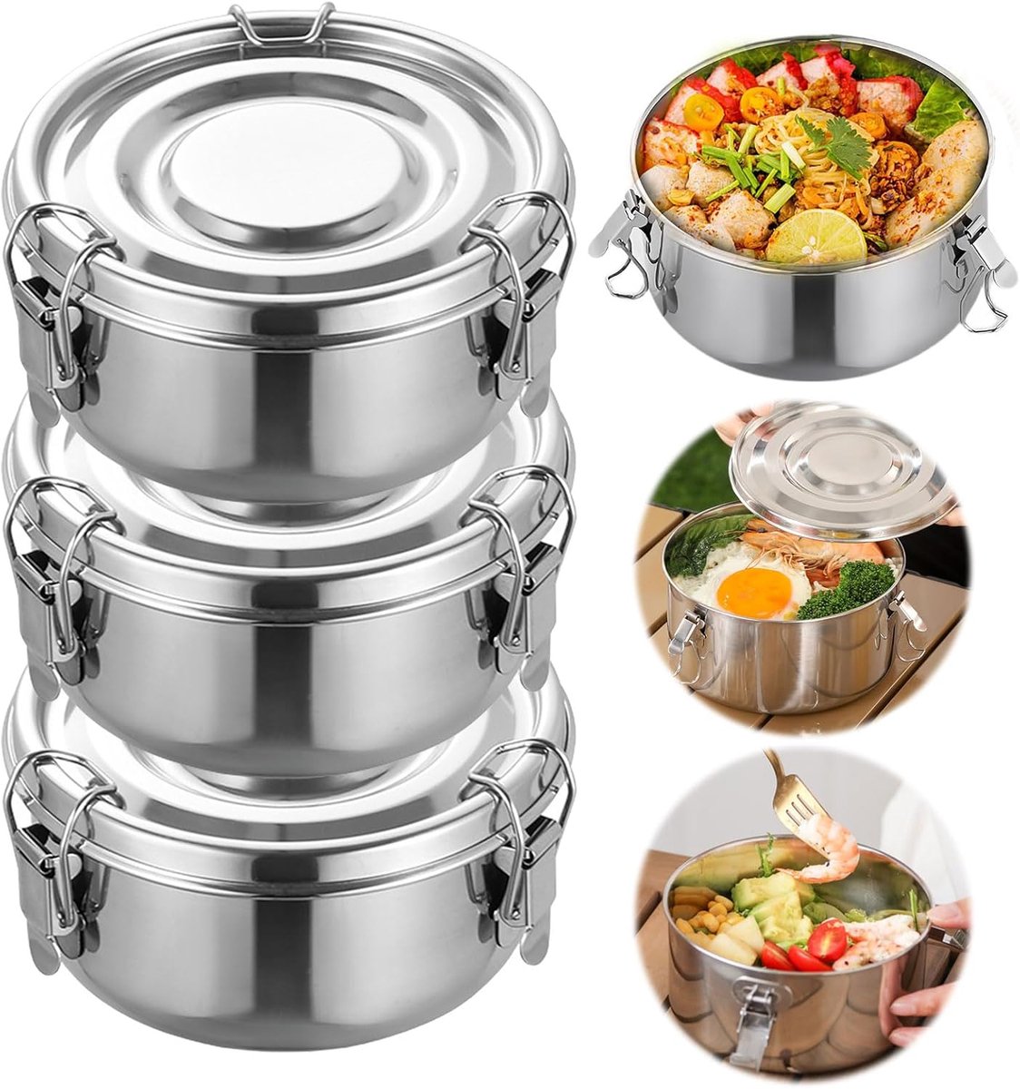 Famanu – Set van 3 ronde roestvrijstalen broodtrommels, diameter 10 cm, lekvrije voedselcontainers voor kinderen