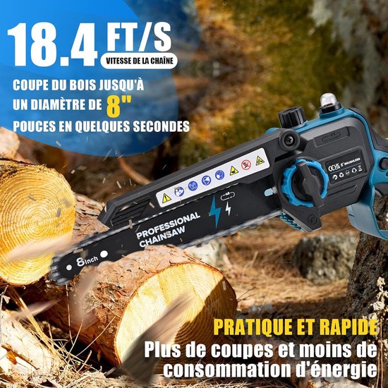 8-Inch Mini Accu Kettingzaag, 2×4000mah, 1200w, Voor Het Snoeien Van Bomen, Klussen En Doe-Het-Zelfprojecten — afbeelding 4