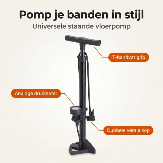Cheqo® Fietspomp Staand - Vloerpomp met Manometer en Drukmeter - Geschikt voor Alle Ventielen - Dunlop Ventiel - Presta Ventiel - Schrader Ventiel - Hogedruk Pomp - Dubbele Ventielkop - Ballenpomp - Luchtpomp - Fietsaccessoires - Zwart — afbeelding 2