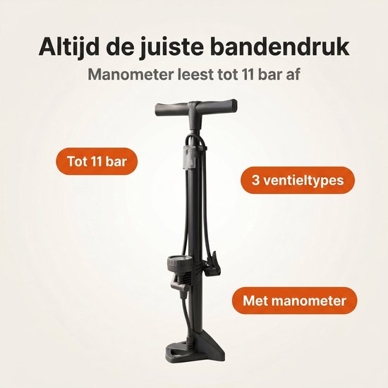 Cheqo® Fietspomp Staand - Vloerpomp met Manometer en Drukmeter - Luchtpomp Fiets - Bandenpomp - Hoge Druk - Hollands Ventiel - Frans Ventiel - Autoventiel - Fietsbanden Oppompen - Racefiets - MTB - Stadsfiets - Dubbele Ventielkop — afbeelding 2