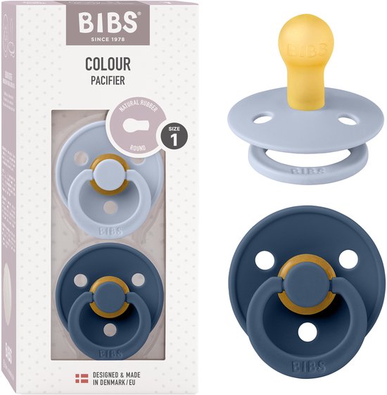 BIBS verpakking met twee spenen. Eén lichtblauwe speen met gele speen en één donkerblauwe speen met gouden ring.