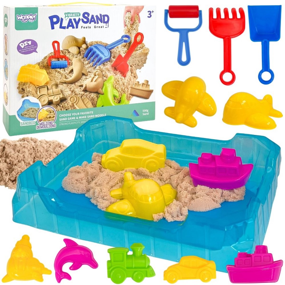 Woopie Kinetic Sand 0,5 kg tafelset met mallen