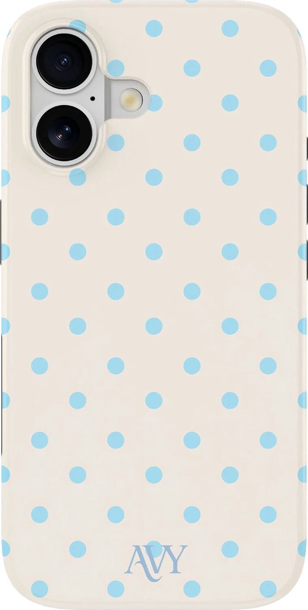AVY Hoesje geschikt voor Apple iPhone 17 | Riviera Dots | Polka Dots | Beige & Blauw | Hard Shell Back Cover | Compatibel met MagSafe & Qi2