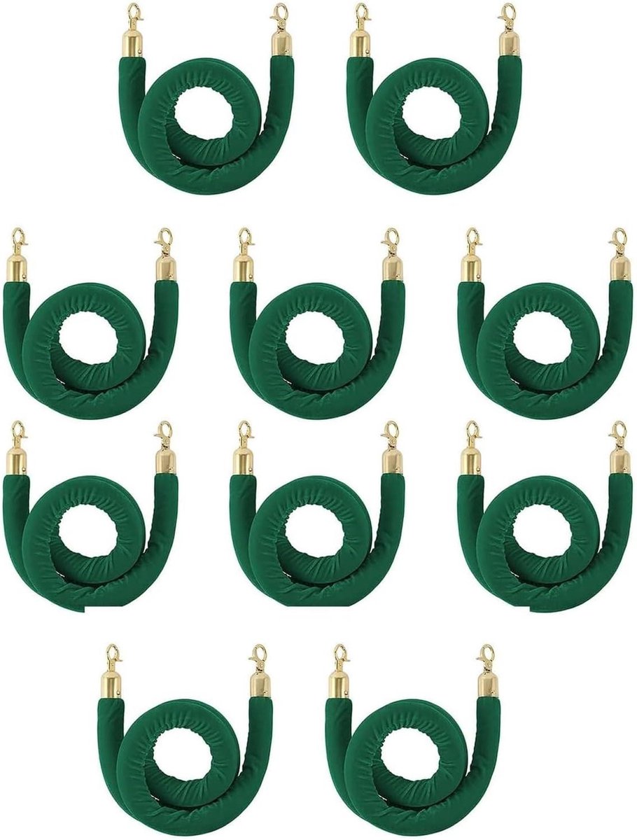 Gevlochten Hennep Touw - Wachtrij Touw Barrière - Evenementen Organiseren - Fluweel Bekleding Gouden Haken - 185 cm - Groen