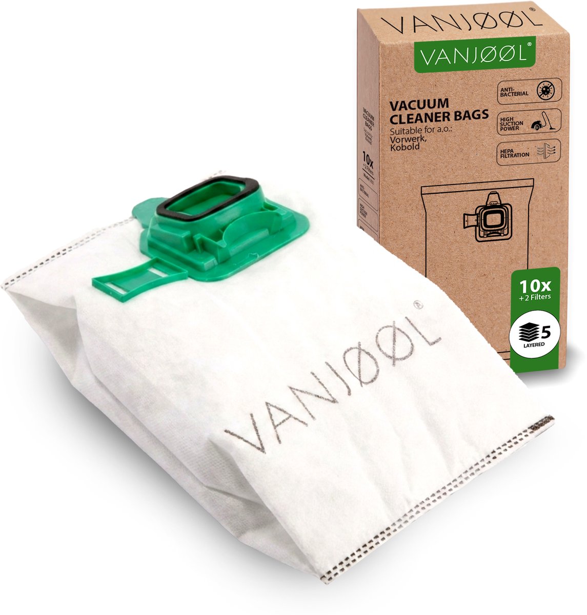 VANJOOL® Stofzuigerzakken voor Vorwerk Kobold VK140 / VK150 – 10 Stuks + 2 Filters – Geschikt voor FP140 / FP150 – 5-Laags Filtratie – Hoge Zuigkracht – Alternatief