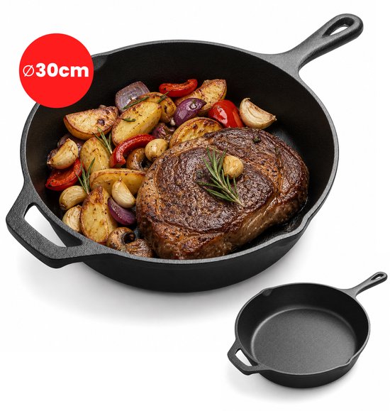 SEPH Gietijzeren koekenpan 30 CM | Gietijzeren Skillet | PFAS vrij | Zware Bodem 2,6 KG | Geschikt voor alle Warmtebronnen en BBQ | Zwart