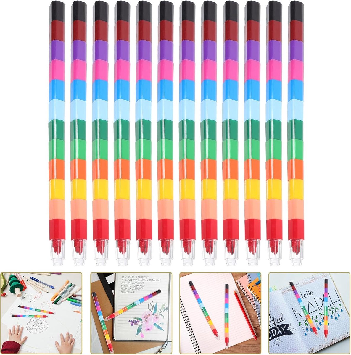 OLOEY Stapelbare Krijtjes Set-24-delige Stapelkrijtjes-Regenboogpotloden-12 Kleuren Stapelbare Bouwkrijtjes-DIY-traktaties voor Kinderen-Teken-Kantoor-Schoolbenodigdheden