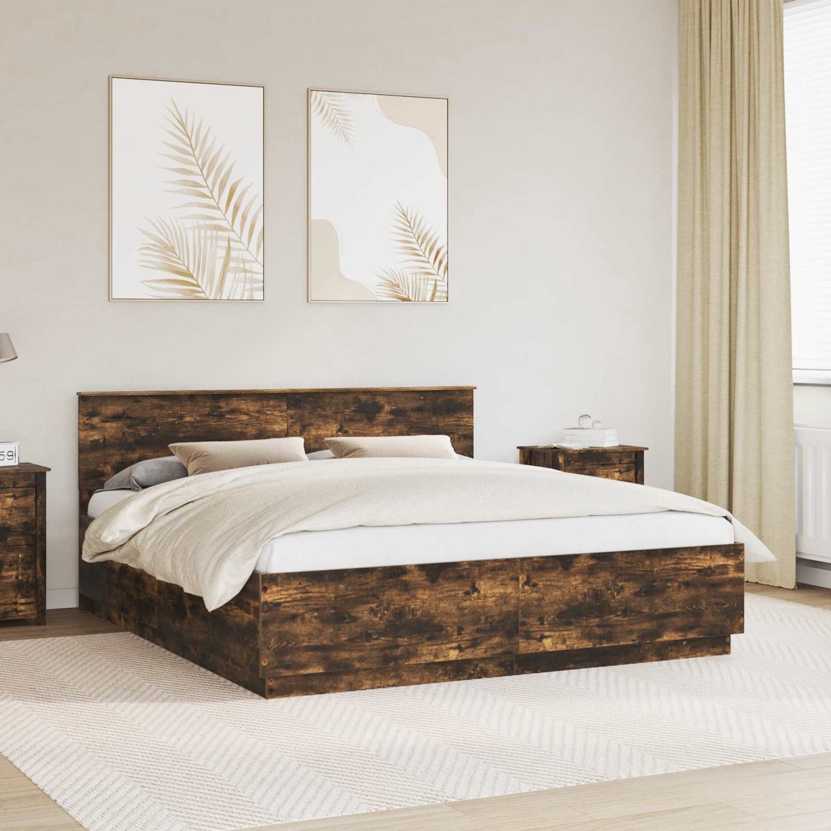 vidaXL Bedframe - met - hoofdeinde - Rook - Eiken - 200 - x - 200 - cm - Bewerkt - hout Gerookt eiken