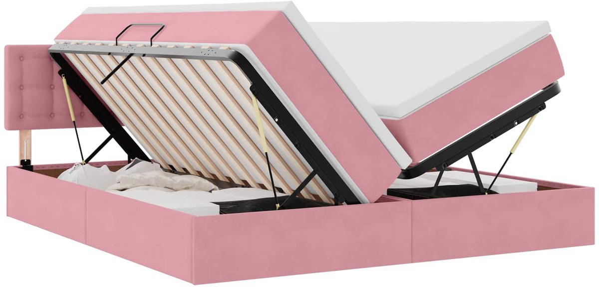 vidaXL LED - opbergbed - met - matras - Roze - 200 - x - 200 - cm - Fluweel