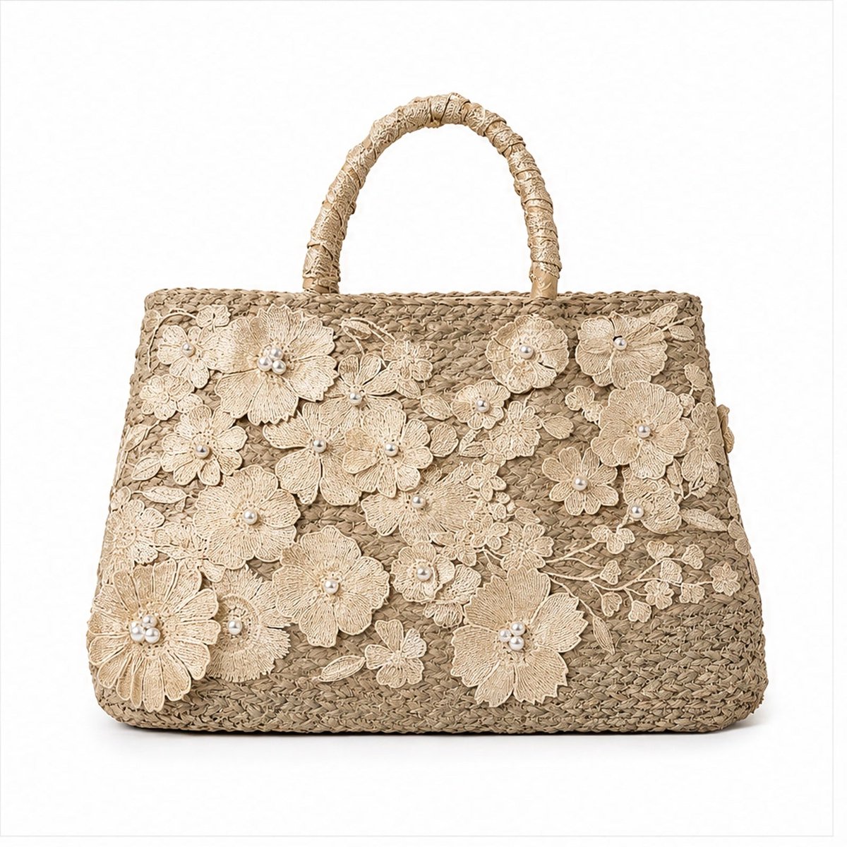 HS Grote Mand Handtas - Beige Bloemen Borduursel