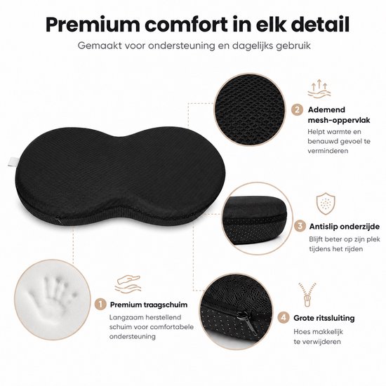 Zwart ademend mesh autostoelkussen met ritssluiting, traagschuim, antislip onderzijde.