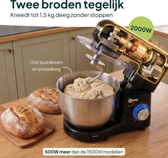 Keukenmachine 2000W - Keukenrobot - Foodprocessor - Keukenmixer met RVS Mengkom - Incl. 5 Accessoires - 6.2L - Zwart - Vivid Green van Vivid Green — afbeelding 5