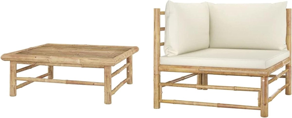 Tuinbankset bamboe - Buitenbank set - Ontspannen in tuin - Met bijzettafel - 2 personen - Crèmekleurig